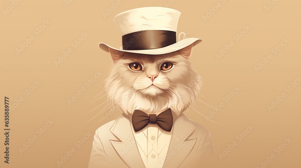  a white cat wearing a white suit and bow tie with a top hat.  generative ai