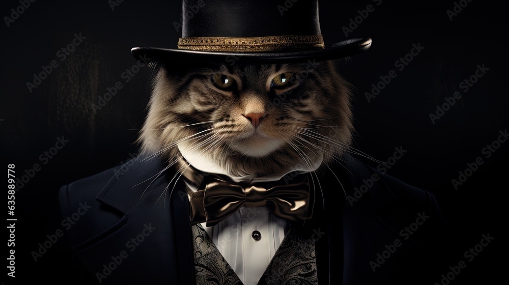  a cat wearing a top hat and bow tie with a suit.  generative ai