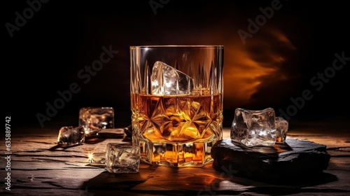  a glass of whiskey with ice cubes on a table. generative ai