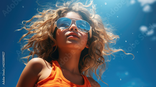 portrait of a young woman curly hair with orange crop top and sunglasses 