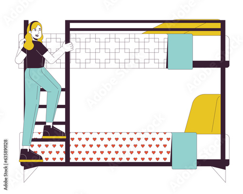 Female student climbing ladder on bunkbed flat line color vector character. Editable outline full body person on white. Traveler girl in hostel simple cartoon spot illustration for web graphic design