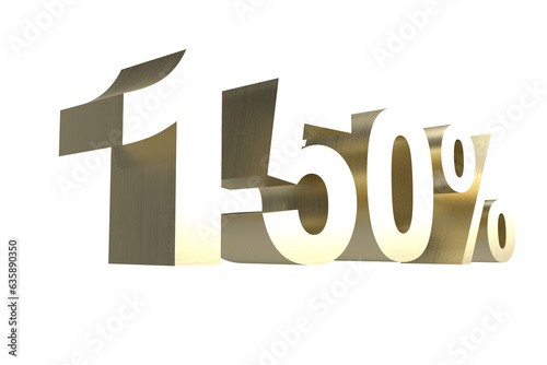 150% gold 3d number on transparent background. Perspective. Isolated