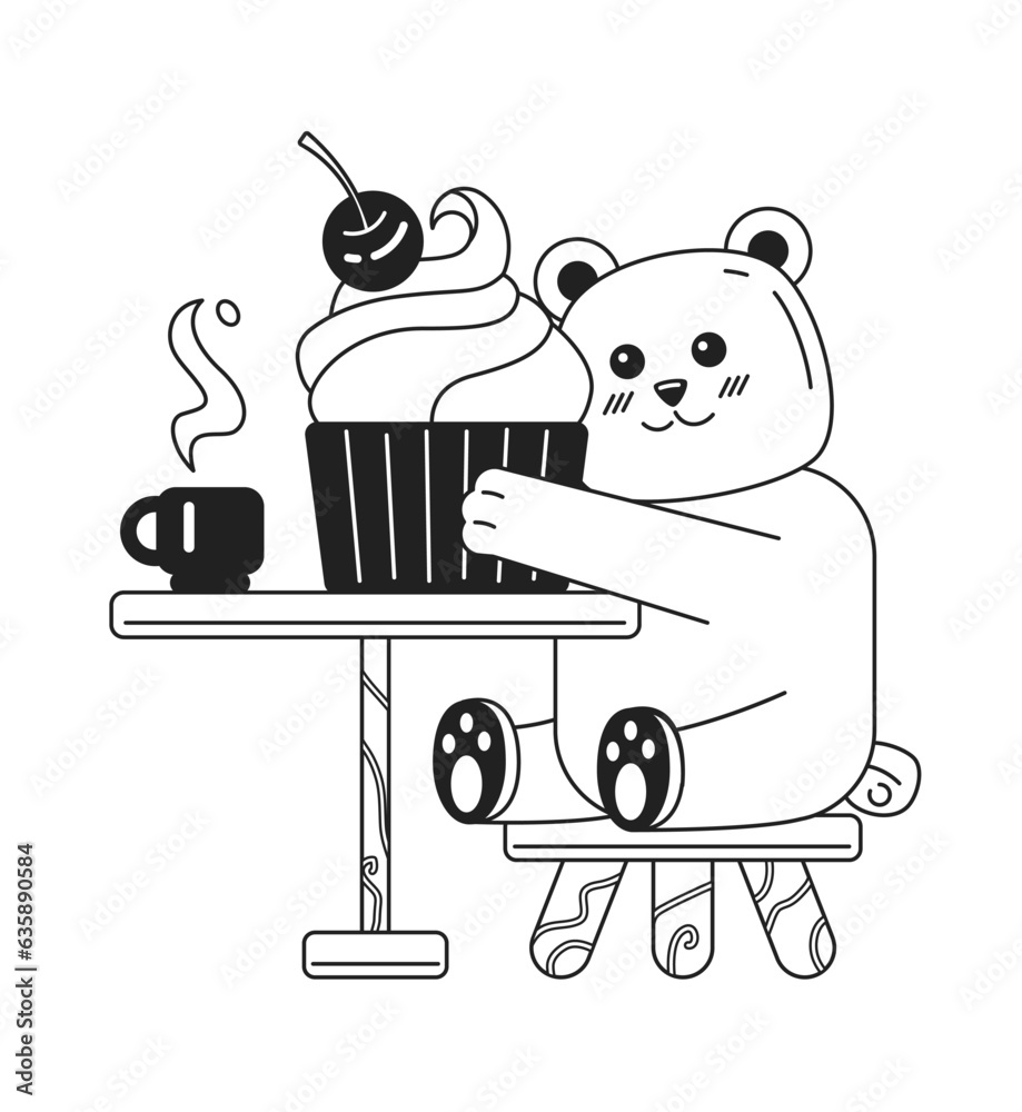 Bear eating ice cream black and white cute chill lo fi wallpaper. Animal cuddling cupcake linear 2D vector cartoon character illustration, monochrome lofi anime background. Bw 90s kawaii aesthetic