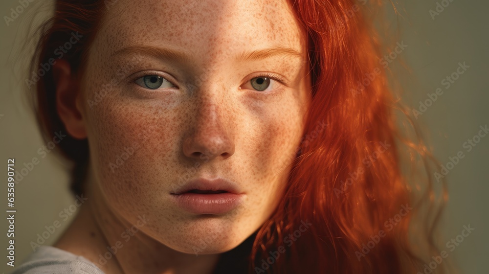 Beautiful woman with orange hair with a freckled face