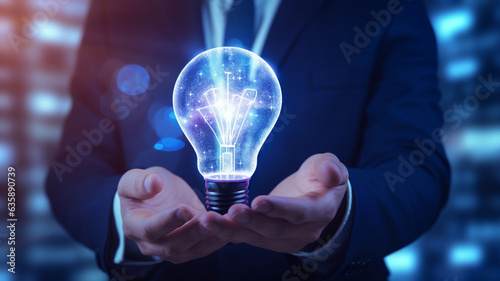 A bulb in hand of businessman. Creative concept. Generative AI