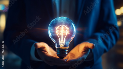 A bulb in hand of businessman. Creative concept. Generative AI