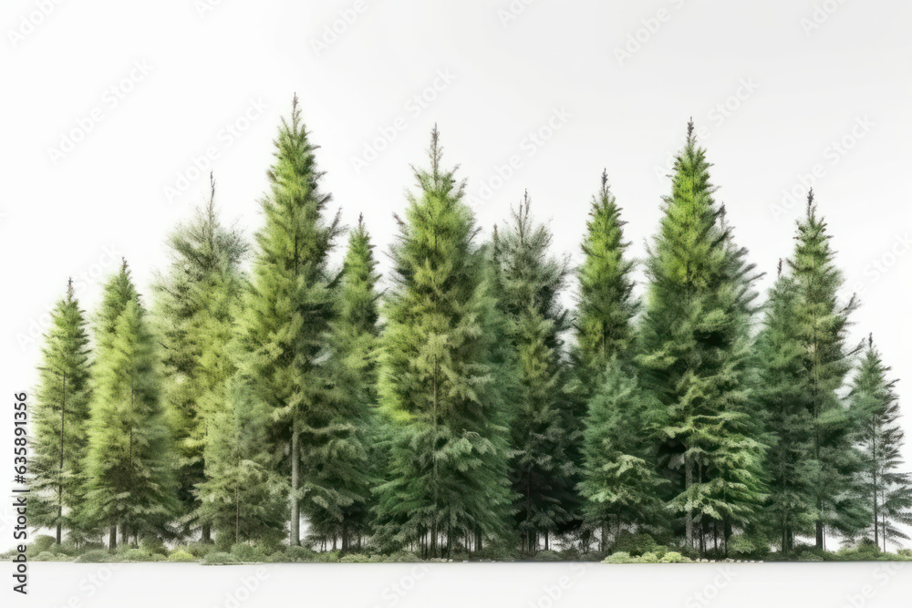 Fototapeta premium A serene winter landscape with a row of snow-covered trees standing tall against a beautiful white background. AI Generative.
