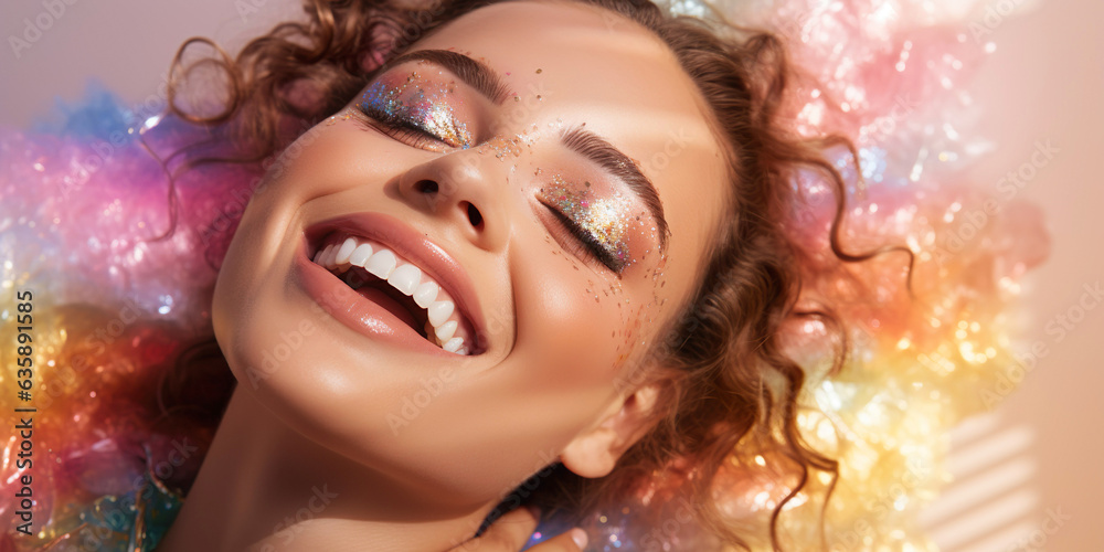 Obraz premium A stunning portrait of a woman radiating happiness and sensuality. Closed eyes, vibrant makeup and curly hairstyle celebrate party joy.