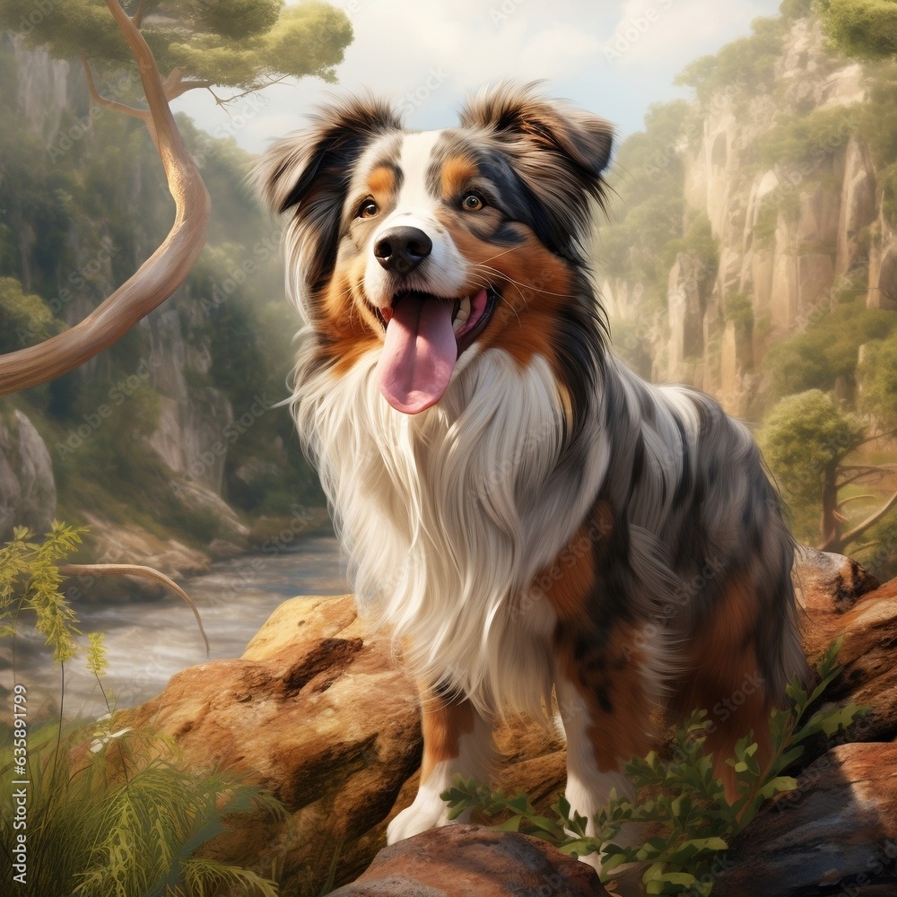 A photorealistic happy Australian Shepherd dog in natural setting A photorealistic happy Australian Shepherd dog in natural setting