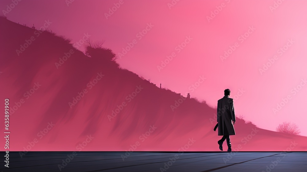 a man standing in front of a pink sky with a mountain in the background.  generative ai
