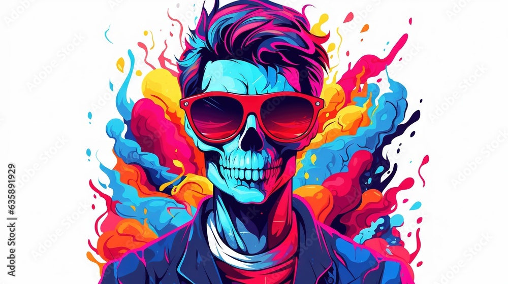  a man with sunglasses and a skull face painted in bright colors.  generative ai