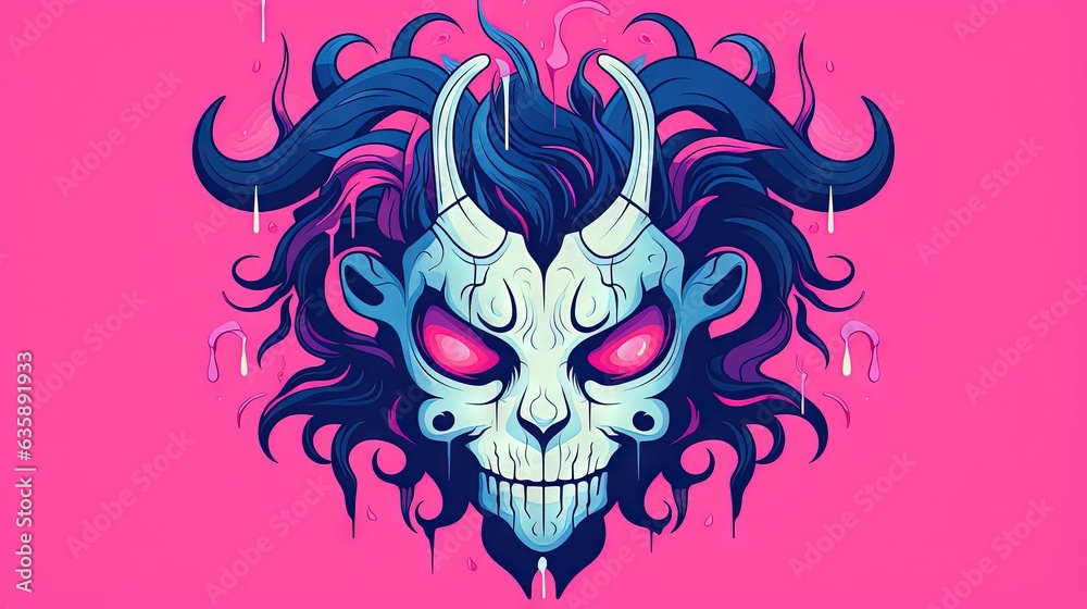  a skull with horns and long hair on a pink background.  generative ai