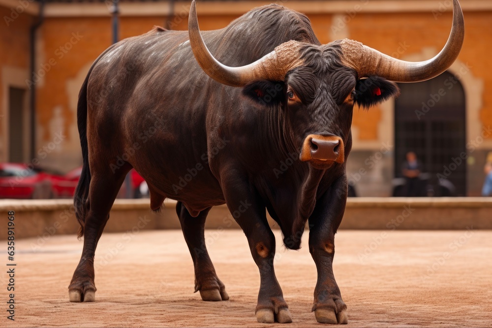 Angry Spanish Bull in the Bullring. Brave and Big Bovine with Brown Coat and Antlers Ready to Beef: Generative AI