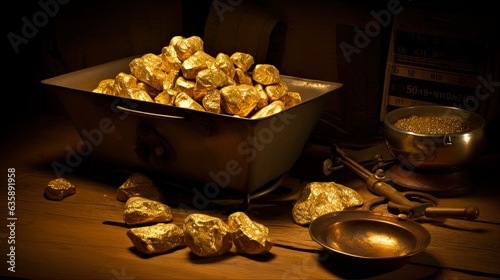 Antique Gold Rush: Small Nuggets on Measuring Scale for Precious Metal Treasure. Generative AI photo