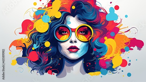  a woman with colorful hair and sunglasses on her face, with a splash of paint all over her face. generative ai
