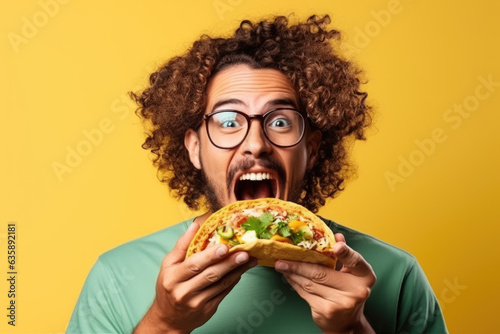 Man eating a taco with curly hair glasses and green shirt isolated on yellow background