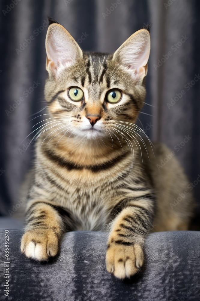 Tabby Cat Posed on Modern Sofa. Domestic Pet with Cute Expression and Fluffy Fur: Generative AI
