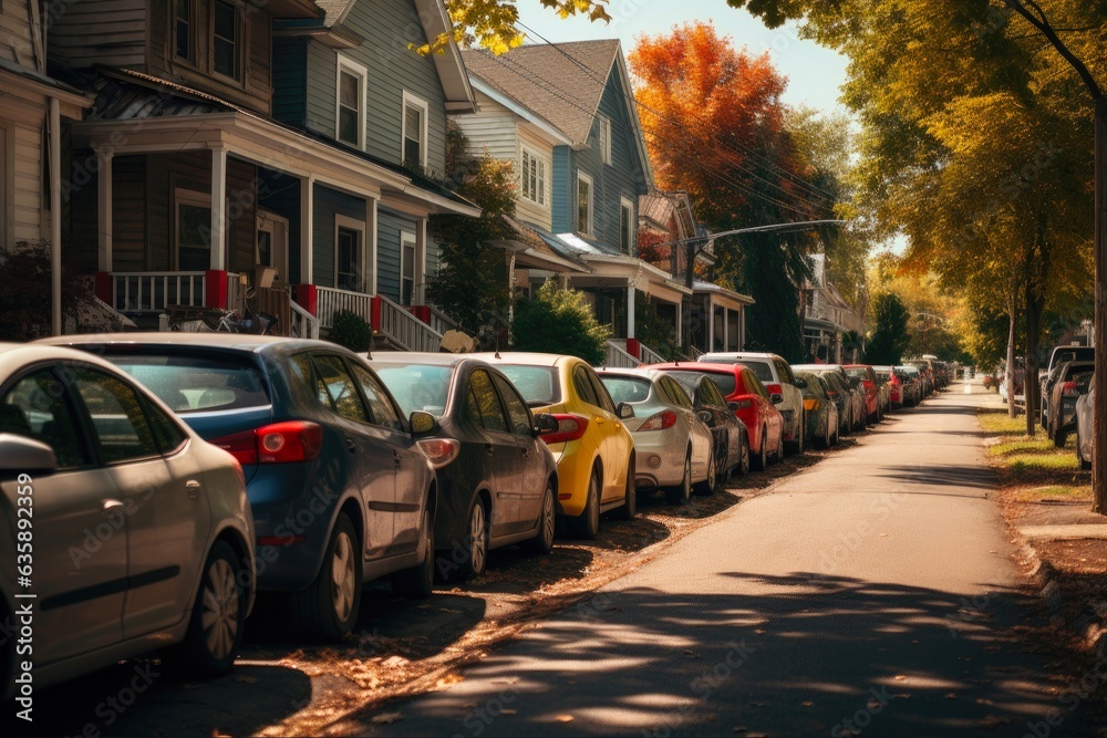 Urban Transportation: Rows of Parked Cars on the Street in City Residential Lot: Generative AI