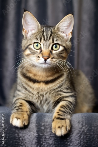 Tabby Cat Posed on Modern Sofa. Domestic Pet with Cute Expression and Fluffy Fur: Generative AI