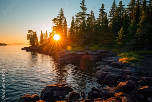 Sunrise Over Isle Royale National Park in Michigan's Upper Peninsula: A Stunning Display of August Flora in a Midwest Island County: Generative AI photo