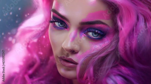Modern female portrait, white complexion, close-up of eyes and lips. Fashion art of model make-up. Girl with pink hair. Glamor model Created with the help of AI.