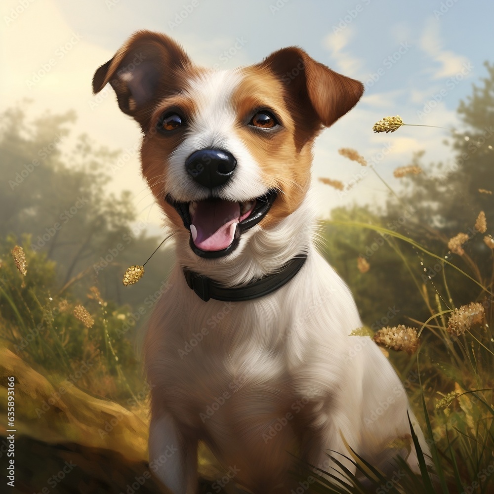 A photorealistic happy Jack Russell Terrier dog in natural setting