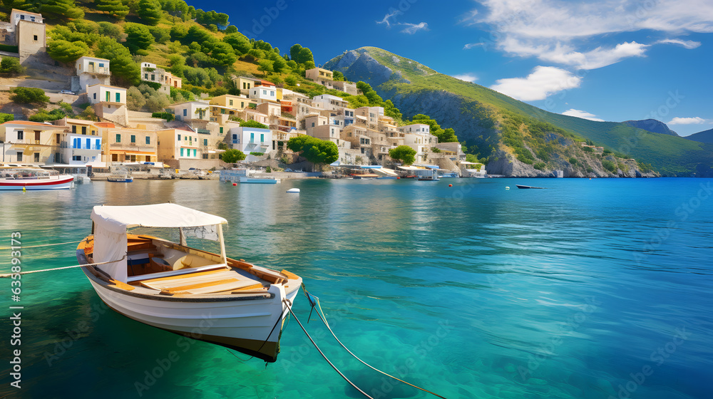 Step into a postcard-perfect scene of the Mediterranean Sea with this enchanting image. An ancient fishing village, with its quaint harbor and colorful fishing boats, exudes a sense of history and mar
