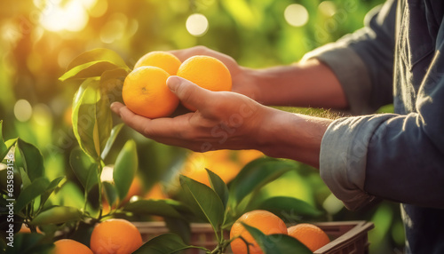 Close up of farmer male hands picking orange or mandarins photo
