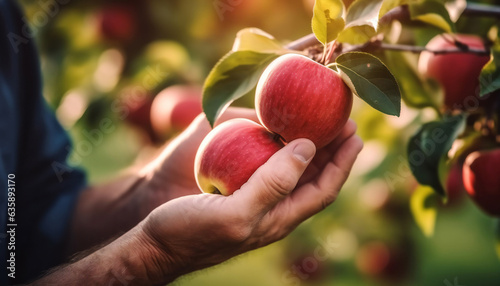 Fototapeta Naklejka Na Ścianę i Meble -  Close up of farmer male hands picking red apples fruits