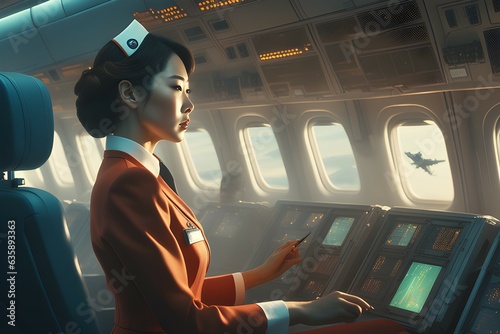 A young South Korean female captain nervously operating an airplane on board