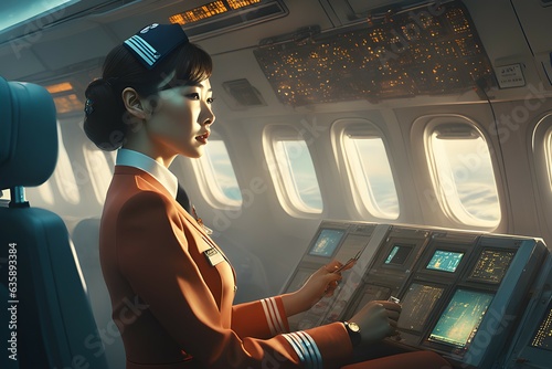A young South Korean female captain nervously operating an airplane on board