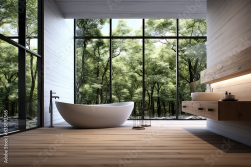 Contemporary bathroom with minimalist style, wooden floor, white wall, and large windows with nature view. © 2rogan