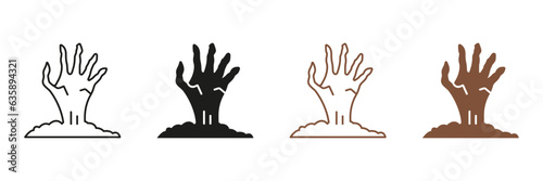 Zombies Hand Halloween Decorations Pictogram Set. Dead Man Hand Sticking Out Ground Line and Silhouette Icons. Scary Monsters Bony Arm Black and Color Symbol Collection. Isolated Vector Illustration
