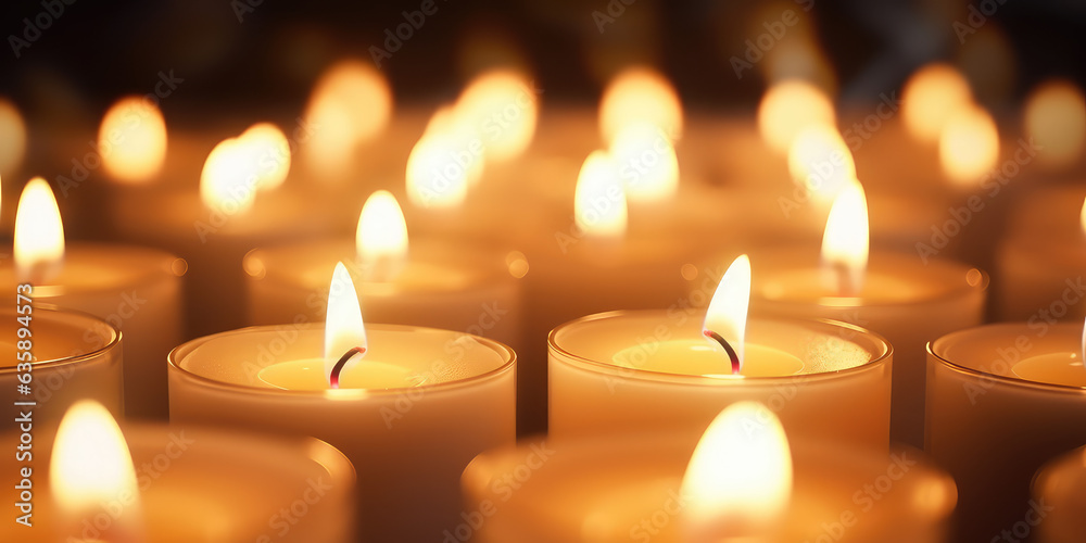 Horizontal wallpaper with lots of little candles with fire. Soft light from tee candles creating a peaceful atmosphere. Horizontal wallpaper with lots of little candles with fire. Soft light from tee candles creating a peaceful atmosphere.