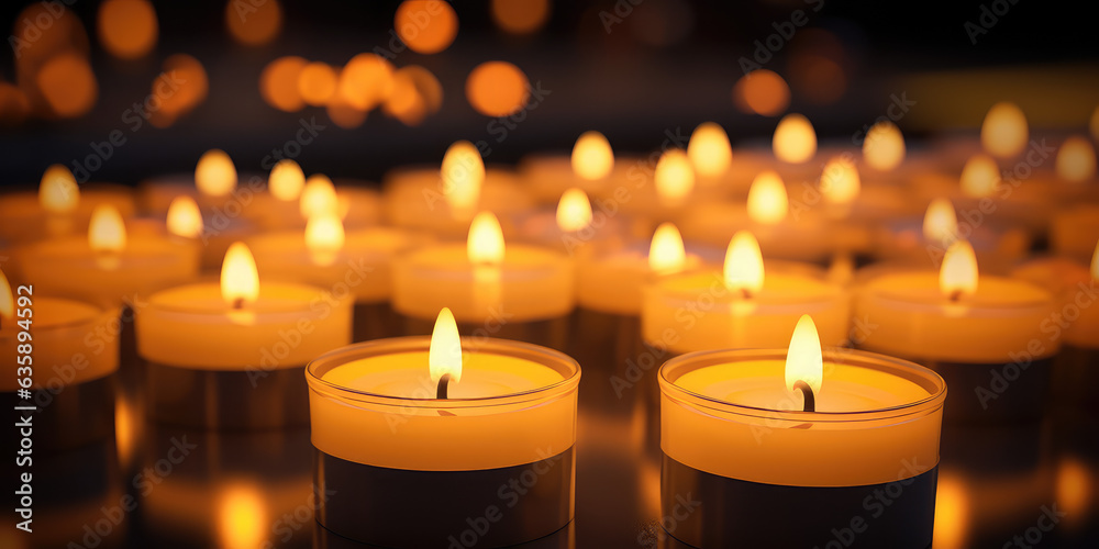 Horizontal wallpaper with lots of little candles with fire. Soft light from tee candles creating a peaceful atmosphere. 