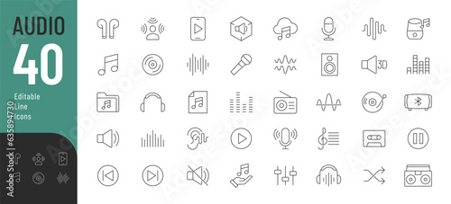 Audio Line Editable Icons set. Vector illustration in thin line style of modern sound related icons: recording equipment, players, speakers, sound waves, and more. Isolated on white.