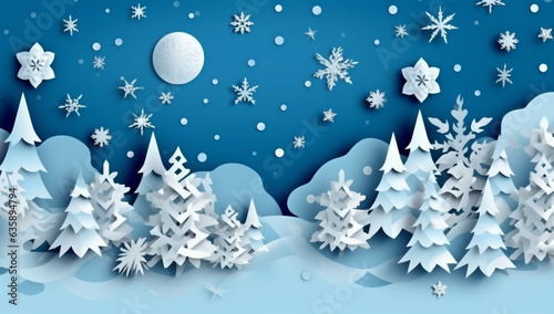 winter background scene paper origami blue tree merry christmas snowflakes art. Generative AI. © VICHIZH