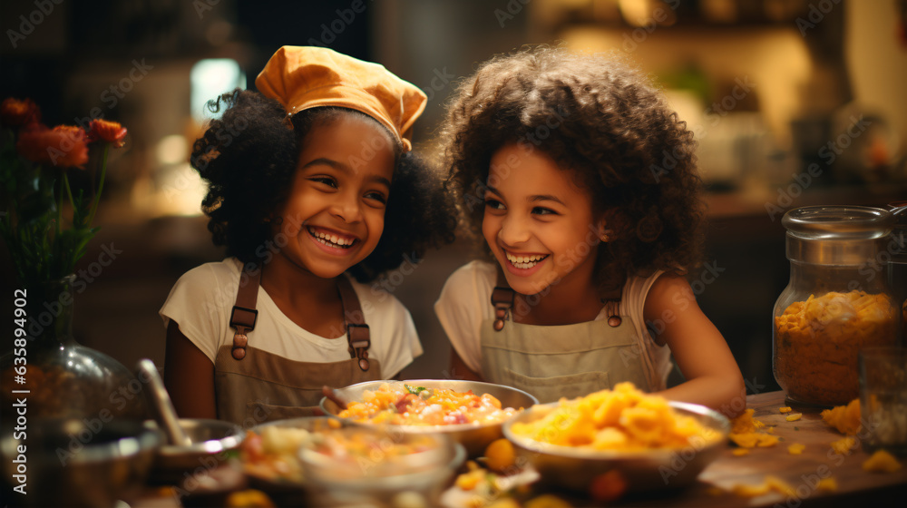 Two young girls of African American descent share a strong friendship as they collaborate in a contemporary kitchen to prepare a meal.