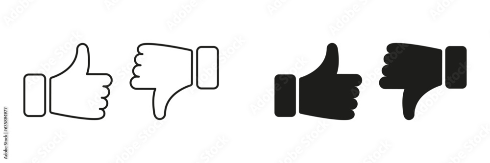Thumb Up, Thumb Down Line and Silhouette Icon Set. Like and Dislike Pictogram. Social Media Feedback Symbol. Good and Bad Gesture Button Sign Collection. Isolated Vector Illustration Thumb Up, Thumb Down Line and Silhouette Icon Set. Like and Dislike Pictogram. Social Media Feedback Symbol. Good and Bad Gesture Button Sign Collection. Isolated Vector Illustration