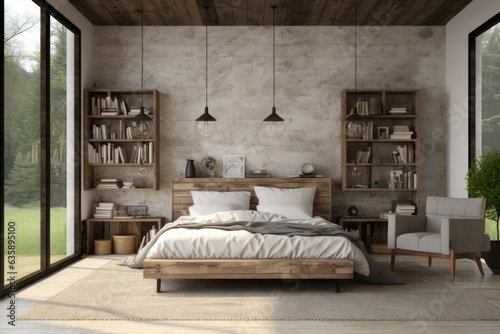 a farm style bedroom with a wall mockup