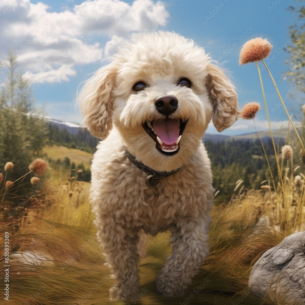 A photorealistic happy Poodle dog in natural setting