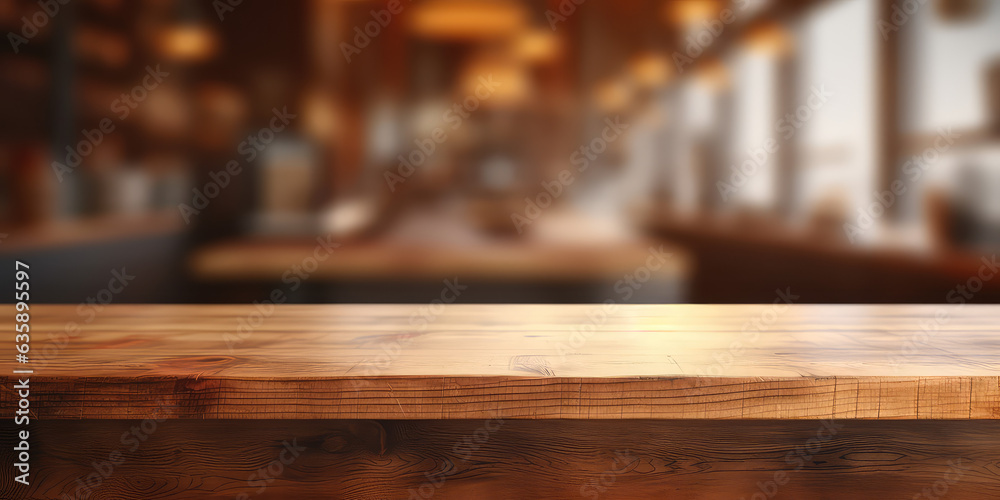 Counter Setup Backdrop Rustic wooden counter with a backdrop of a blurred retail shop, empty ...