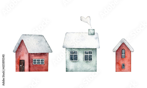Winter set of cute houses with doors, windows, chimney, with snow on the roof. Hand painted watercolor design for Christmas card, souvenirs, winter poster, happy new year, sticker