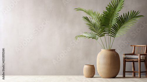 vaso de vime com planta tropical em quarto estilo boho minimalista