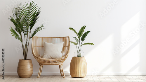 vaso de vime com planta tropical em quarto estilo boho minimalista photo