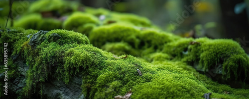 Green moss and rough stones in the dense forest