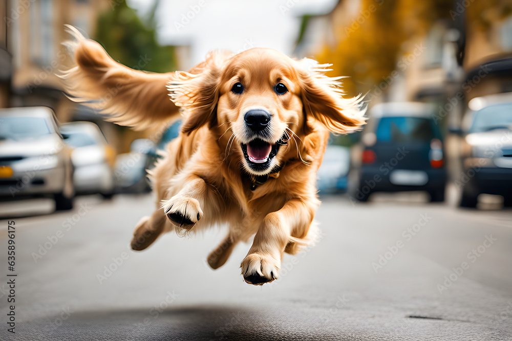 cute golden retriever jumping. Generative AI. cute golden retriever jumping. Generative AI.