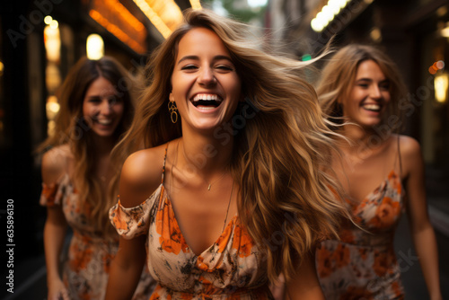 Shot of three sisters portrait happily smiling in middle of the street, with beautiful light and clothing and long wavy hair