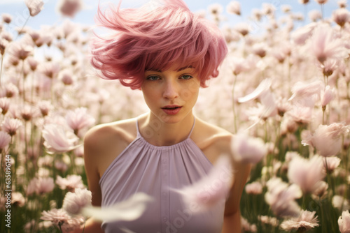 Young woman in motion with short pink hair, assimetric haircut, running in the middle of a field of tall flowers © Keitma