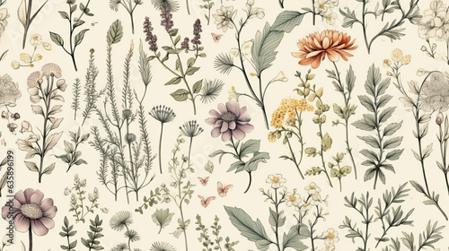 Fotografia Seamless pattern background featuring a collection of vintage botanical illustra